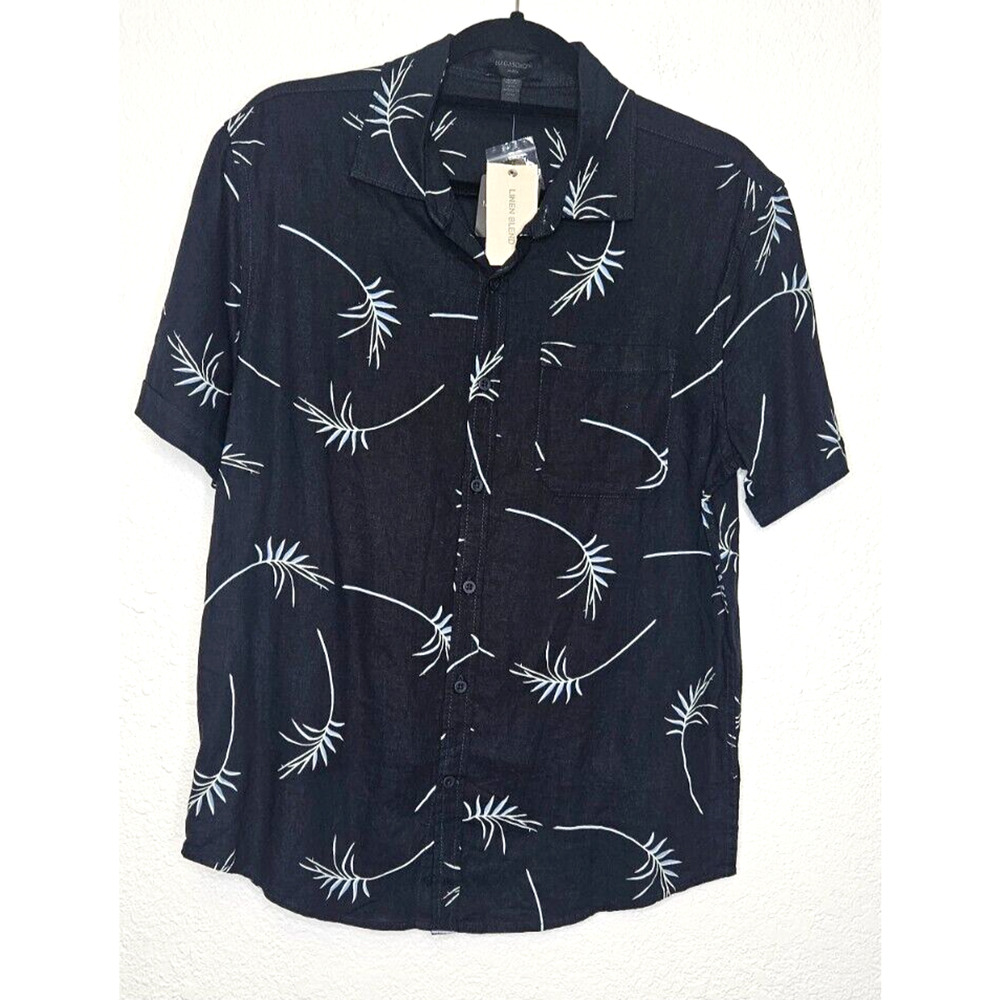 Magaschoni Man Shirt Mens Small Navy Linen Palm Print Short Sleeve Button Up Nwt - Picture 2 of 9